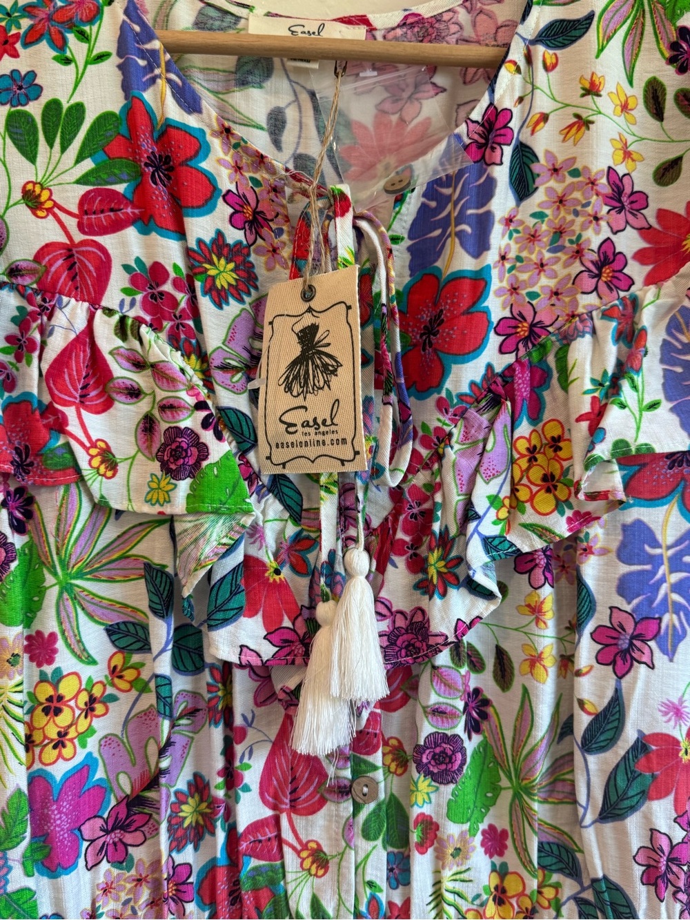 easel NWT Island Getaway Smocked Tiered Ruffle Mini Dress Floral Print | Size L - Picture 3 of 10